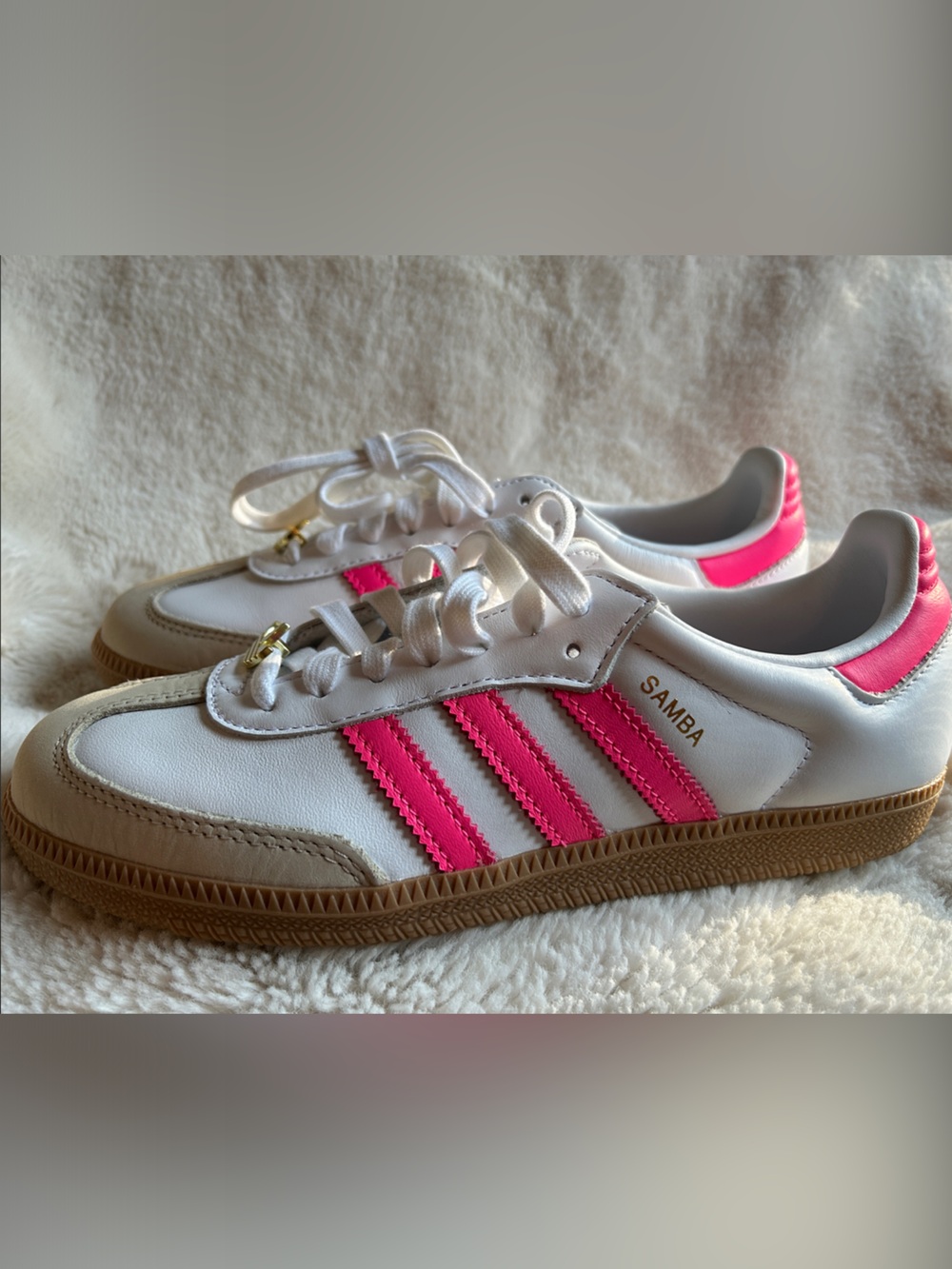 adidas White Sneakers with Pink Three-Stripes and Gold Trefoil Charm